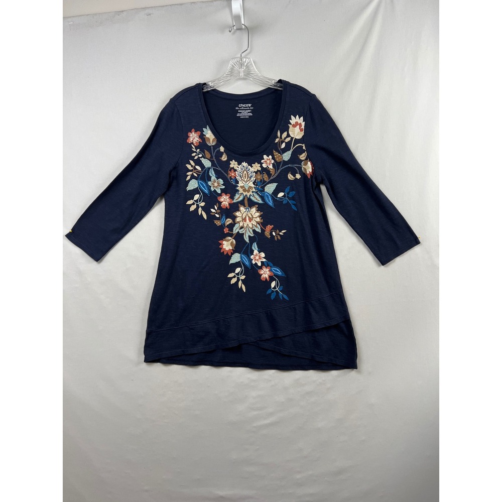 Chico's 1 Ultimate Tee Women M Navy Blue Floral Embroidered Studded Tunic